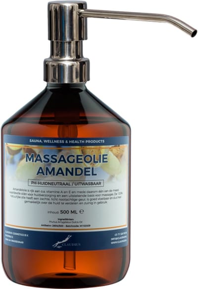Massageolie Amandelolie 500 ml met zilveren pomp - 100% natuurlijk - biologisch en koud geperst