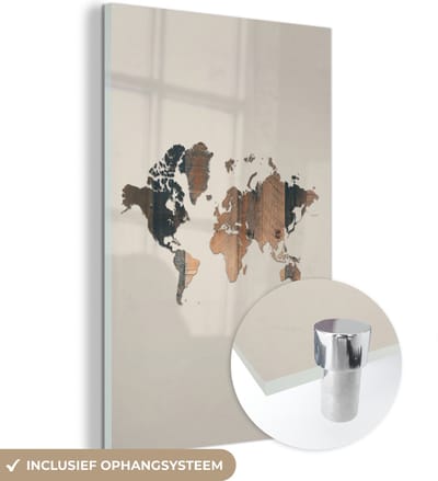 ® Glasschilderij 100x150 cm - Schilderij acrylglas - Wereldkaart - Houten plank - Bruin - Foto op glas - Muurdecoratie woonkamer - Wanddecoratie slaapkamer - Schilderijen