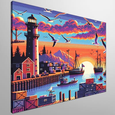 Pixel art haven schilderij | Haven of Dreams: A Pixelated Portrayal of Nautical Artistry | Kunst - 40x40 centimeter op Canvas | Foto op Canvas