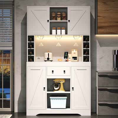 WELLTIN Keukenkast, hoge kast, wijnkast met verstelbare planken, lade, roestvrijstalen wijnglazenhouder, wijnflesvakken, kleurveranderende ledverlichting en stopcontacten, 180×105×40 cm - Wit