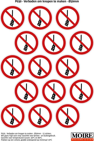 Pictogram sticker 75 stuks  P030 - Verboden om knopen te maken - 50 x 50mm - 15 stickers op 1 vel