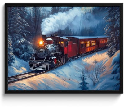 Poster in lijst - Fotolijst 70x50 cm - Posters - Trein - Kerst - Sneeuw - Kersttrein - Posterlijst zwart - Decoratie - Wanddecoratie woonkamer - Kerstdecoratie voor binnen - Kerstversiering - Kerstmis versiering in huis - Kerstaccessoires
