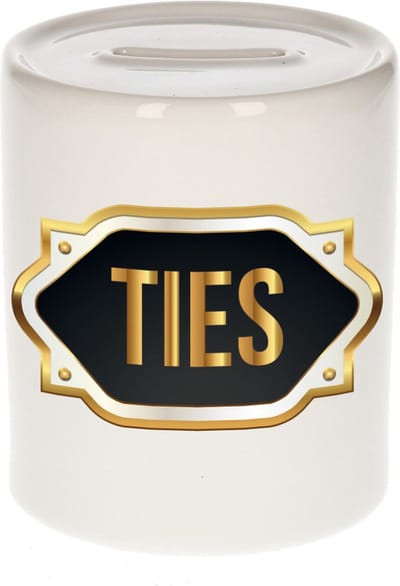 Spaarpot met voornaam Ties - wit - met goud/zwart embleem - 8 x 9 cm - keramiek - met afsluitdop - cadeau verjaardag