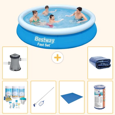 Bestway Rond Opblaasbaar Fast Set Zwembad - 366 x 76 cm - Blauw - Inclusief Onderhoudspakket - Schoonmaakset - Grondzeil - Filter - Zwembadfilterpomp - Solarzeil - 7-delig