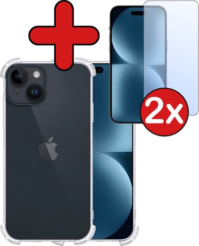Hoesje - Met Screenprotector - 2 Stuks - Geschikt voor Apple iPhone 15 - Sterk & Shockproof - Back Cover - Siliconen Case - Telefoon Hoes - Shock Proof - Telefoonhoes - Transparant