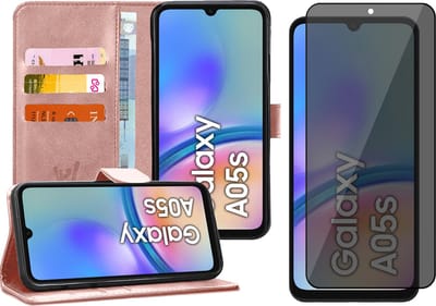 Hoesje geschikt voor Samsung Galaxy A05s - Privacy Screenprotector Volledig Dekkend Glas - Portemonnee Book Case Rosegoud