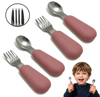 Babybestekset Vork & Lepel – 2 Sets (2 lepels + 2 vorken) – Bestek voor baby's en peuters – Eetgerei voor kinderen – Leerbestek voor zuigelingen – Roestvrijstalen vorken en lepels met korte siliconen handvatten – Babyvork- en lepelset – 11,5 x 2,8 cm