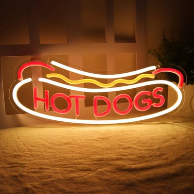Lzwintrading - Hot Dogs LED Neonbord - 41 x 16 CM - LED Neon Sign voor Busines - Kleurrijk Neon Bord - Neonlamp - Neon Licht Teken - Nachtlampje - USB-Voeding - Dimbaar - Hotdog Neon Verlichting voor Fastfood,Winkels,Restaurant, Keuken, Feest