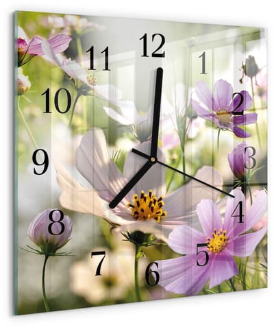 Tulup Wandklok - Cosmosbloemen Wandklok Glas Decoratie - 30x30 cm - Roze Gekleurde Glazen Klok - Zwarte Handen - Vierkante Wandklok - Glazen Wandklok Design - Klok Glas Met Opdruk