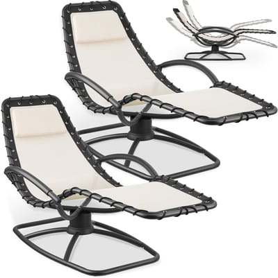 tectake® Ligstoel Toulon - Set van 2 - Ergonomische Tuinstoelen met Schommelfunctie - Zero Gravity Ligbedden voor Tuin, Terras en Balkon - Relaxstoelen met Hoofdkussen en Comfortabele Armleuningen - Ligstoelen - 120kg Draagkracht - Beige