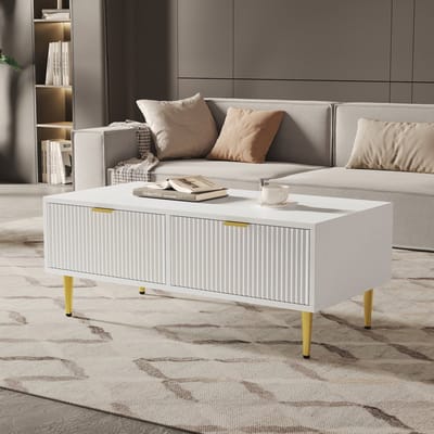 STILVORA Salontafel - Wit Salontafel Met Gouden Accenten En 2 Lades - Verticale Strepenfronten - Met Metalen Poten - MDF - 100x50x40 cm - Wit+Goud