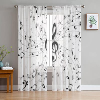 Muziek Zwart Wit Tule Transparante Raamgordijnen Voor Woonkamer De Slaapkamer Moderne Chiffon Voile Organza Gordijnen Decoratie Draperieën 135W x 137H(cm)
