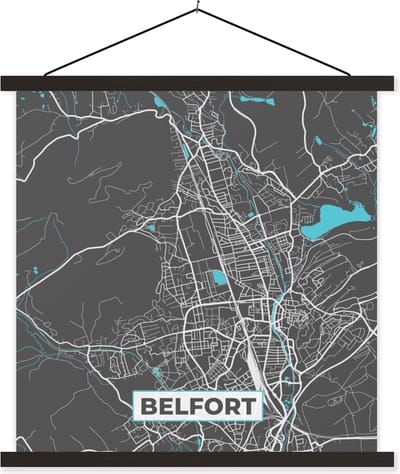 Posterhanger incl. Poster 60x60 cm - Schoolplaat - Belfort - Plattegrond - Kaart - Frankrijk - Stadskaart - Textielposter - Zwarte latten - Stadskaart