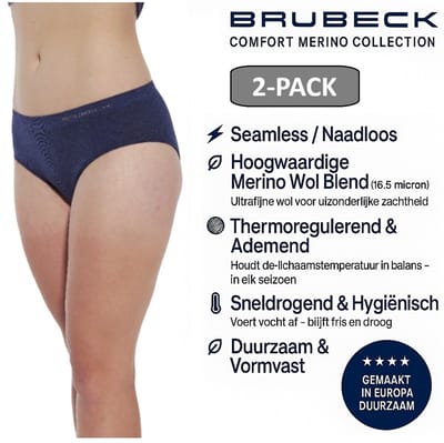 Brubeck Dames Slip Klassiek – Merino Wol Blend Naadloos Ondergoed – 2 PACK - Navy Blauw – Maat S