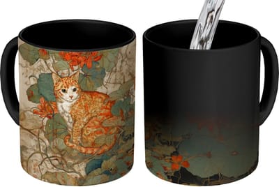 Magische Mok - Foto op Warmte Mokken - Koffiemok - Kat - Sierlijk - Bloemen - Magic Mok - Beker - 350 ML - Theemok