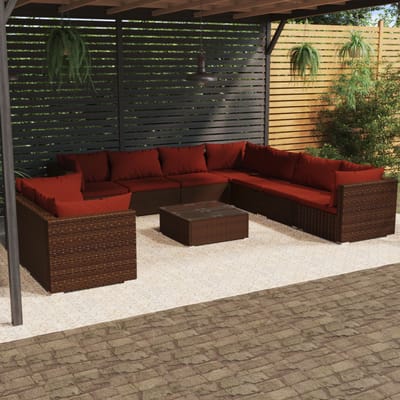 vidaXL - 10-delige - Loungeset - met - kussens - poly - rattan - bruin