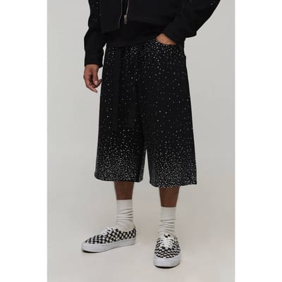 Gewassen Relaxed Fit Jeans Short Met Riem En Strass | Washed Black | Size 28