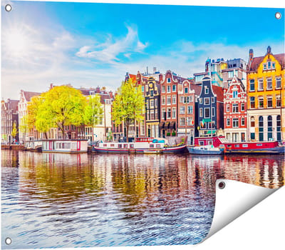 Gards Tuinposter Amsterdamse Huisjes aan het Water - 80x60 cm - Tuindoek - Tuindecoratie - Wanddecoratie buiten - Tuinschilderij