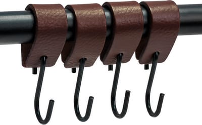 Brute Strength - Leren S-haak hangers - Bruin - 4 stuks - 12,5 x 2,5 cm – Zwart zilver – Leer - handdoekhaakjes - Ophanghaken – kapstokhaak