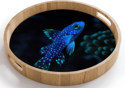 Dienblad rond 40x40 cm - Schootdienblad hout - Vis - Stippen - Koraal - Blauw - Borrelplank rechthoek - Plateau houten dienbladen