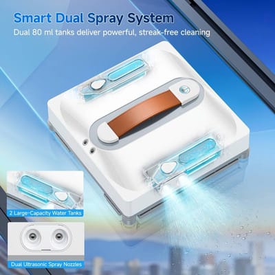 Ramenreinigingsrobot met Afstandsbediening – Automatische Raamreiniger 7,5 kPa Zuigkracht – Window Cleaning Robot met Dubbele Sproeiers – Voor Glas, Ramen en Spiegels
