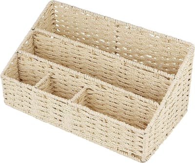 Praktische bureau-organizer van natuurlijk materiaal met 4 vakken, pennenhouder en documenttray, 33 x 18 x 15,5 cm, beige, ideaal voor kantoor en thuisgebruik