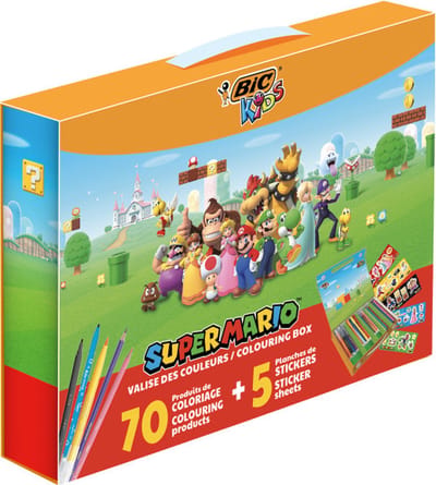 BIC Kids Super Mario Kleurdoos - met Kleurpotloden - Visaquarelle - Aquarelpotloden - Viltstiften en Stickers - Verschillende Kleuren - Herbruikbare Doos van 70 Stuks met 5 Stickervellen