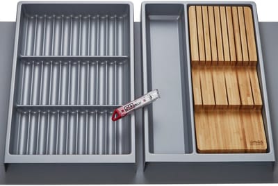 Orga-Box Vario SET 4 zilvergrijs voor lade van 90 mm: multifunctionele inleg, kruideninleg, messenhouder, antislipmat Orga-Weave