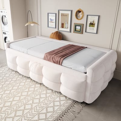 DESMIU Gestoffeerd Bed 90/180x190 cm – Uittrekbaar Slaapbankbed Met Lattenbodem – Ruimtebesparend Voor Logees – Teddy Stof – Beige – Zonder Matras