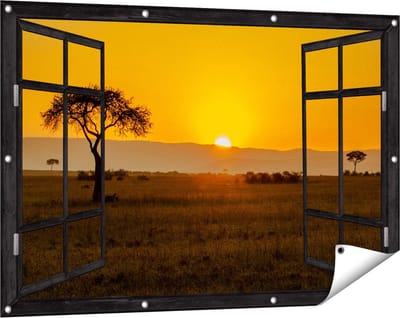 Gards Tuinposter Doorkijk Zonsopgang in de Savanne met een Boom - 120x80 cm - Tuindoek - Tuindecoratie - Wanddecoratie buiten - Tuinschilderij