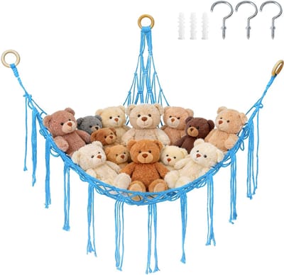 Geweven opbergnet voor knuffels - 100*100*140 cm - Driehoekig net - Hoeknet - Opbergnet/hangmat - Hangmat voor knuffels - Handgeweven net - Geschikt voor hoeken - Ophangnet - Inclusief installatiemateriaal