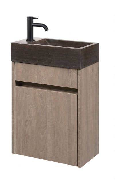 Saqu Florence fonteinmeubel toffee incl. natuurstenen fontein en mat zwarte kraan links