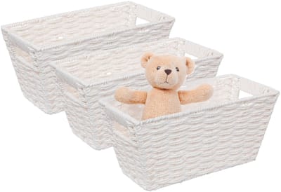 5Five Rieten opbergmand - 3x - gevlochten - wit - 31 x 15 x 15 - Kast-/badkamer mandjes - metaal/kunststof