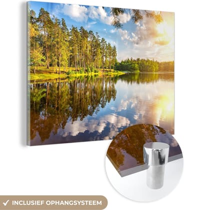 MuchoWow® Glasschilderij 120x90 cm - Schilderij acrylglas - Water - Bomen - Natuur - Foto op glas - Schilderijen