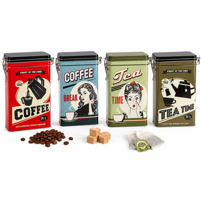Retro Voorraadblikken Set van 4 – Metalen Voorraadpotten Koffie & Thee – 14,6 x 7,5 x 18 cm – Vintage Jaren 60 Design – Met Beugelsluiting