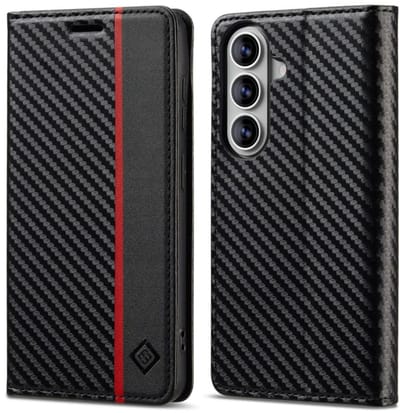 Luxe BoekCover Hoes Etui geschikt voor Samsung Galaxy A37 - A36 - A56 - Zwart - Rood - Carbon