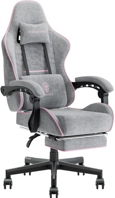Dowinx Gaming Stoel - Gamestoel - Verstelbaar in Hoogte - Comfortabele Gaming Chair met Pocketvering, Hoofdsteun en Voetensteun - Stof - Grijs en roze