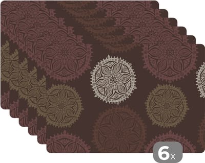 Placemat - Placemats kunststof - Design - Mandala - Bruin - 45x30 cm - 6 stuks - Hittebestendig - Anti-Slip - Onderlegger - Afneembaar