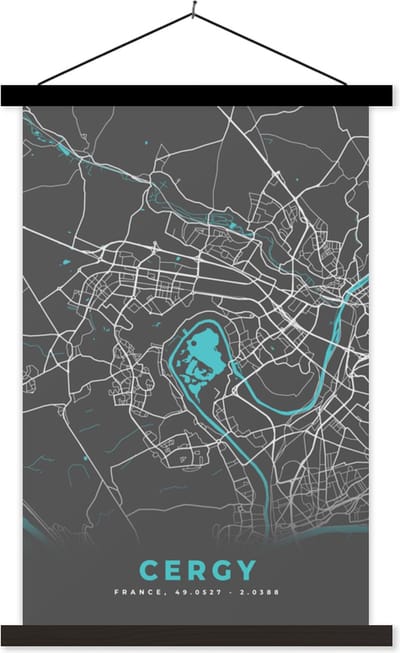 Posterhanger incl. Poster 40x60 cm - Schoolplaat - Cercy - Plattegrond - Kaart - Stadskaart - Frankrijk - Textielposter - Zwarte latten - Stadskaart