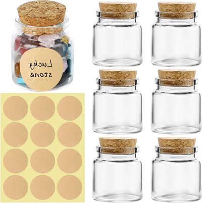 Mini Glazen Flessen met Kurk - 50 ml Jars met Deksel en Etiketten voor Trouwen, Feestjes, Specerijen en Jam - Set van 6 Stuks