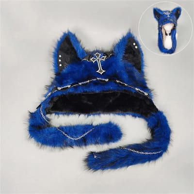 Nieuwe Gotische Punk Kattenoor Hoed Met Kruis Vleugel Ketting Decoratie Pluche Warme Wintermuts Voor Alternatieve Meisjes Y2K Rock Muziek Festival One Size gray