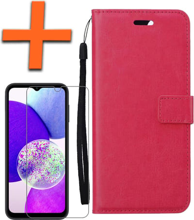 Hoes - Met Screenprotector - Geschikt voor Samsung Galaxy A14 - Luxe Pasjeshouder - Bookcase Portemonee - Flip Case - Kunstleer Book Case - Flipcase - Book Cover - Walletcase - PortemonneeHoes - Donkerroze