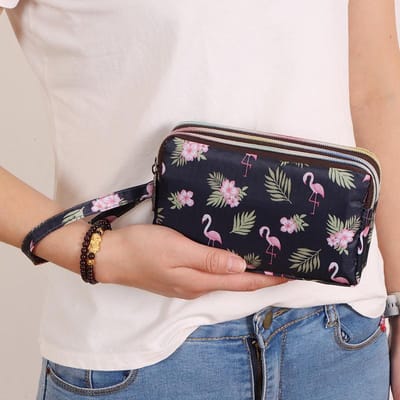 Verdikt Drie-laags Lange Rits Portemonnee Handtas voor Dames Pols Telefoon Tas Schattige Wasbare Stof Clutch Tas 18x6x12cm white