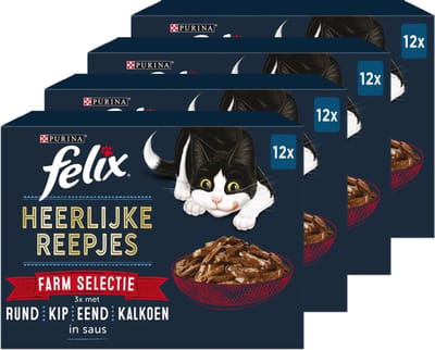 Felix Heerlijke Reepjes Farm Selectie - Kattenvoer Natvoer - Rund Kip Eend & Kalkoen - 48 x 80 g
