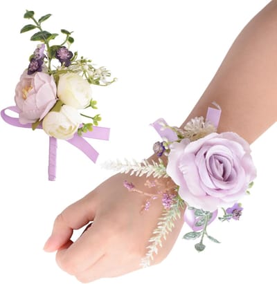Pols Corsage Set - Bloemen Armband - Feestelijke Gelegenheden - Verstelbare Parelband - 12x8 cm - Paars