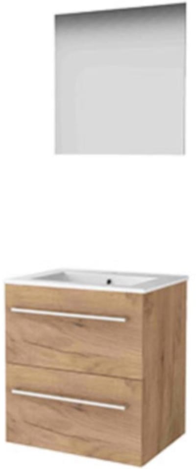 Basic-Line Ultimate 46 Badkamermeubelset - 60 x 46 cm - Met Grepen - 2 Lades - Keramische Wastafel - 1 Kraangat - Spiegel met Indirecte LED Verlichting - Whisky Oak