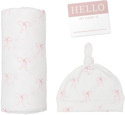 Lulujo Hello World - Swaddle & Mutsje - Bows, Kraamcadeaus, Babydekens, hydrofiele doeken, babycadeau, comfortabel, tetradoeken, zwangerschapscadeau,