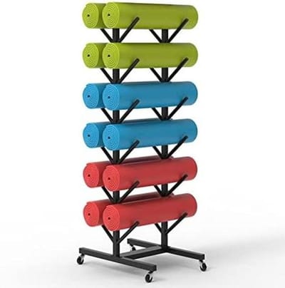 Mattenrek - Opbergrek Fitness - Sportspullen Opbergen - Vergrendelbare Wielen - 7 Lagen - Zwart