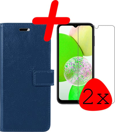 Hoesje Met 2x Screenprotector - Geschikt voor Samsung Galaxy A14 - Luxe Pasjeshouder - Bookcase Portemonee - Flip Case - Kunstleer Book Case - Flipcase Hoes - Book Cover - Walletcase - Portemonneehoes - Donkerblauw