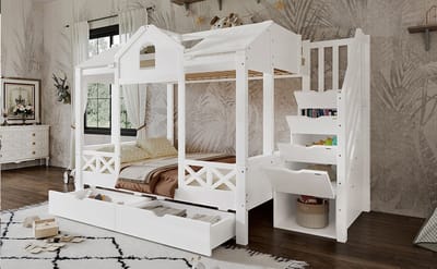 Etagenbett Met Spielhaus-Design - 90x200 cm & 140x200 cm - Kinderbett Met Opbergruimte - Wit - Met 2 Laden & Trappenschrank - Stevig Hout